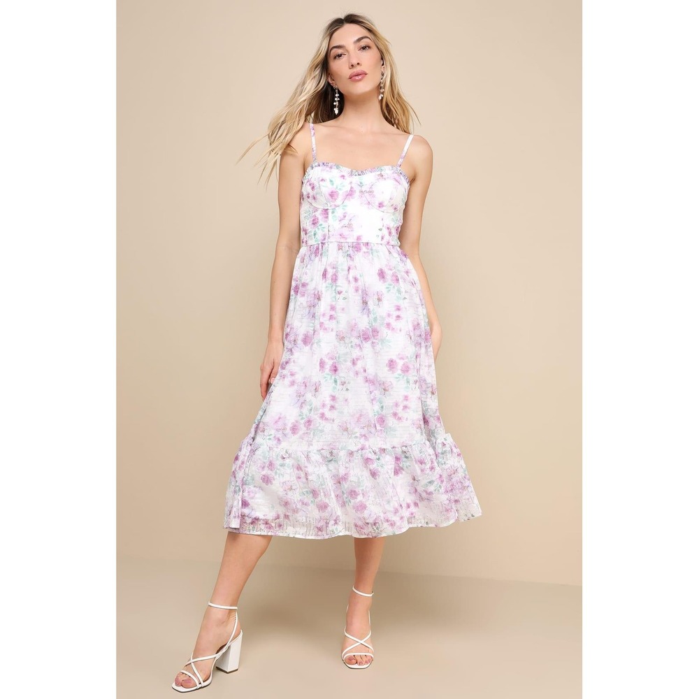 Lulus Deeply Darling White Floral Organza Burnout Strapless Midi Dress